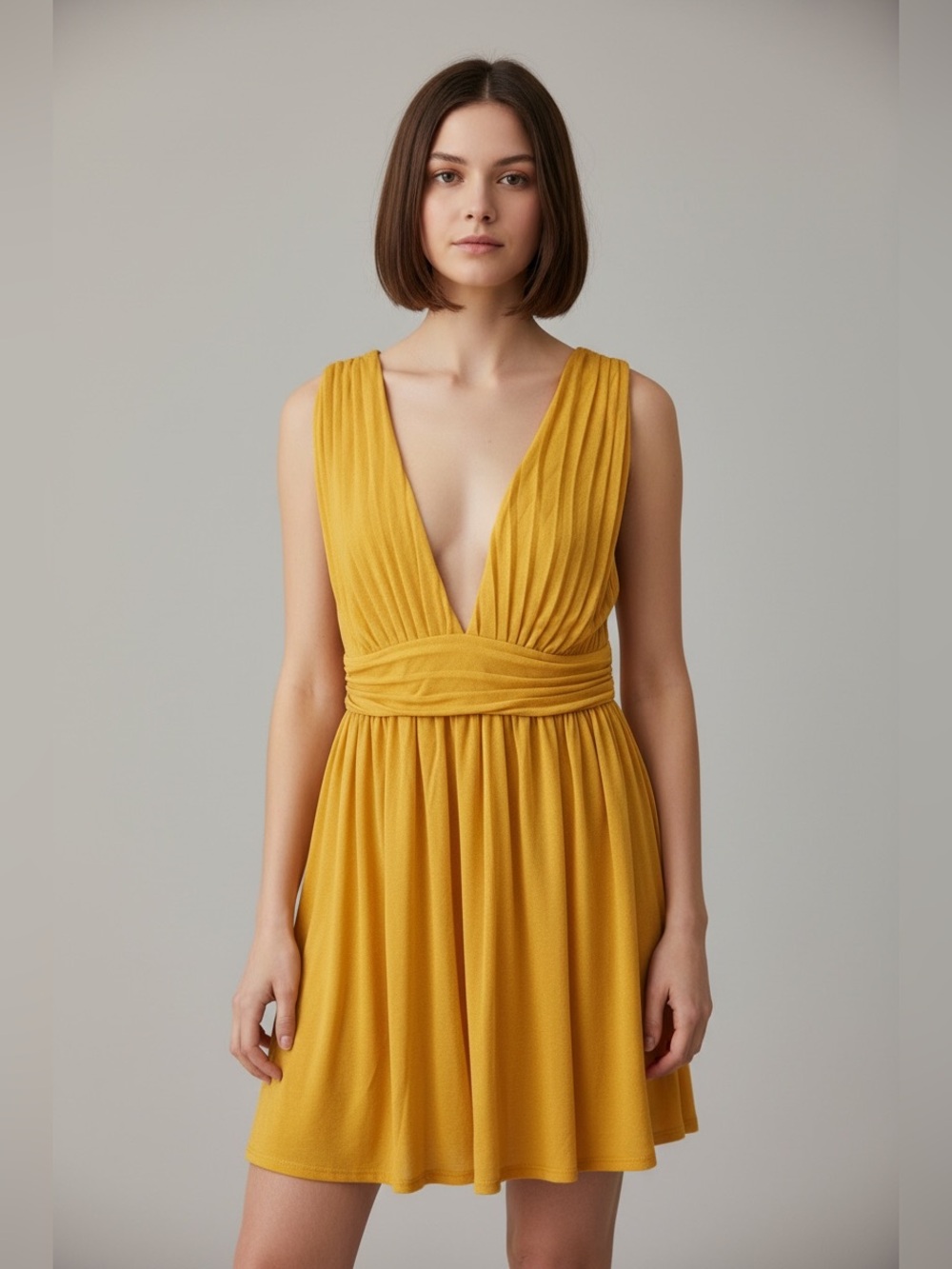 Love By Design Yellow Pleated V-Neck A-Line Dress